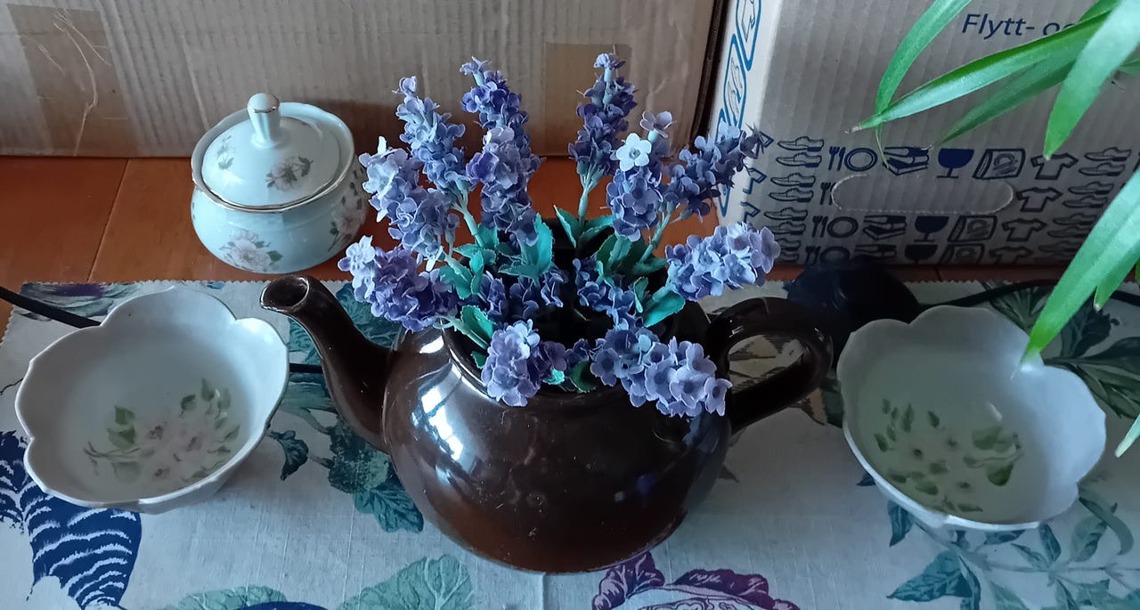 Teekannu kulho sokerikko laventeli shabby chic cottage core