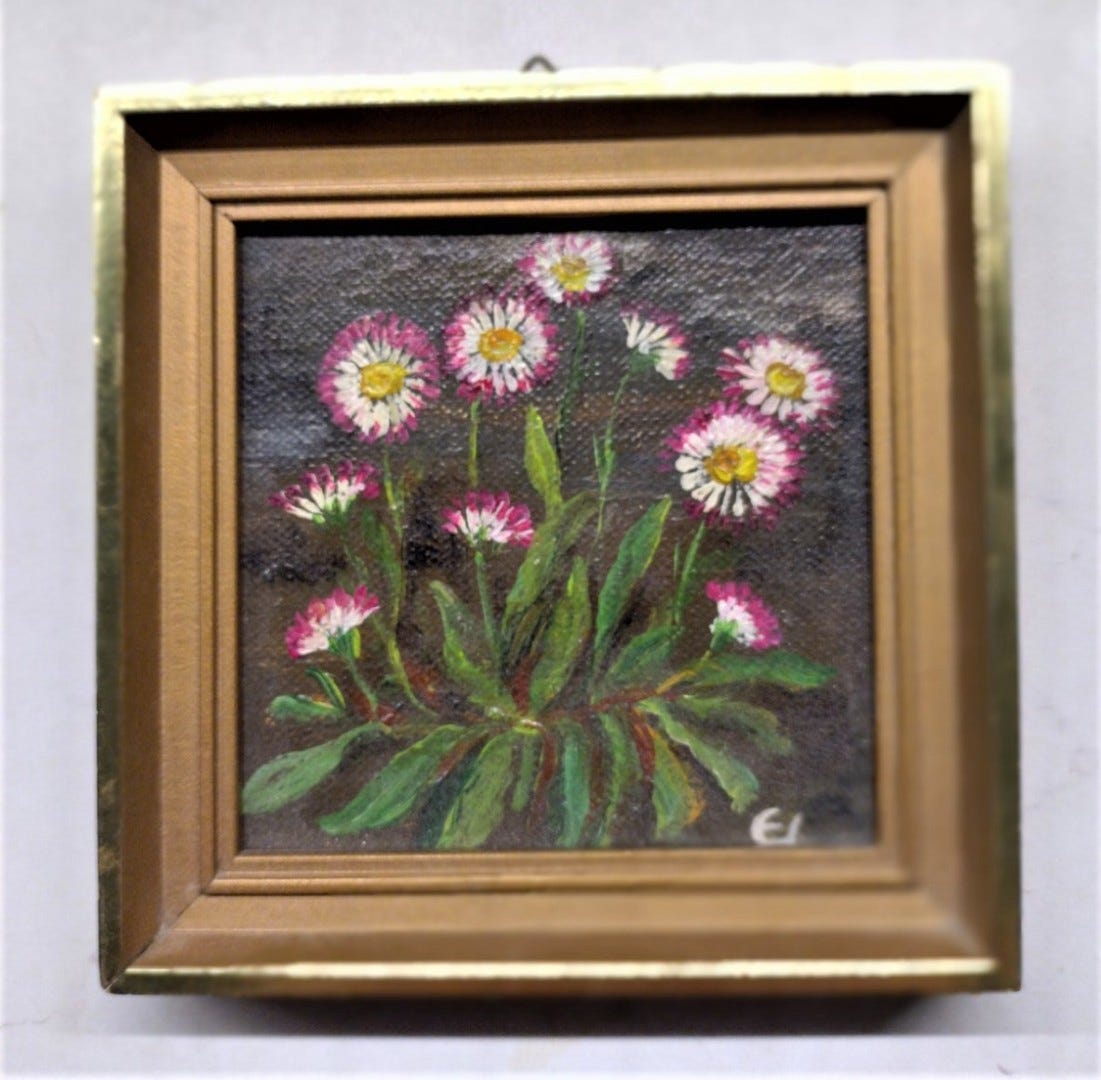 Taulu vintage öljyvärimaalaus Voikukat 12x12 cm