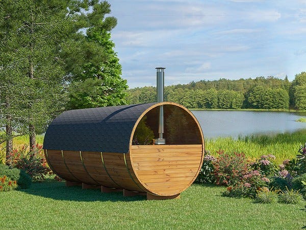Sauna barril de lujo de 4,8 m con ventana panorámica y madera tratada térmicamen