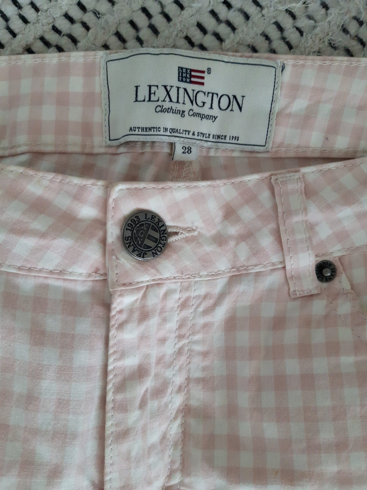 Lexington housut koko 28, vaaleanpunavalkoiset ruudut