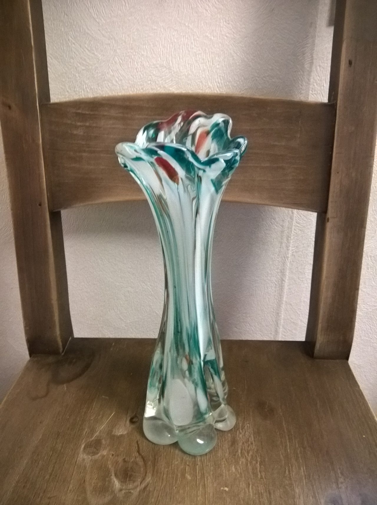 Vanha ihana käyttämätön värikäs lasimaljakko 30cm
