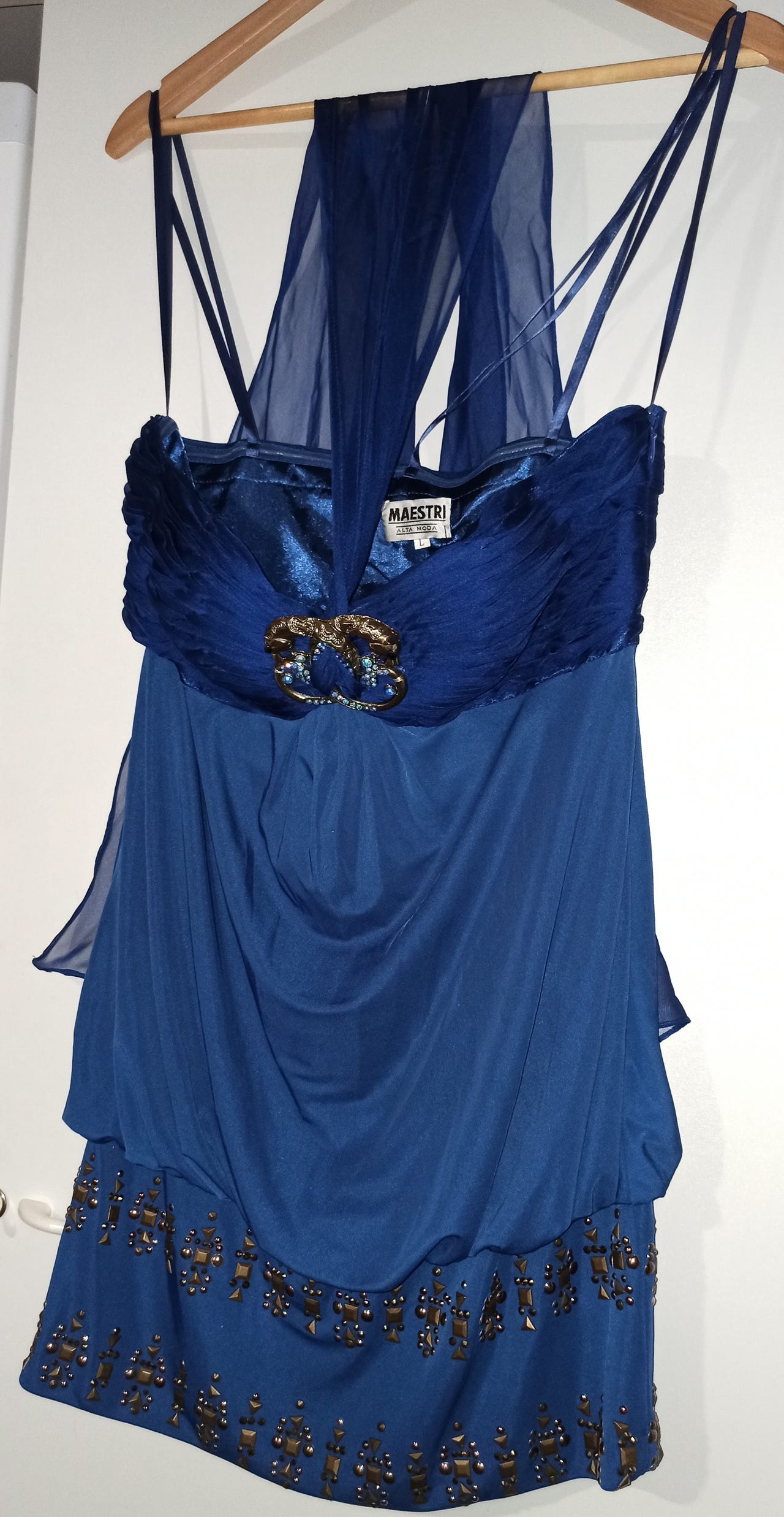 Sininen hihaton mekko, strassi & niittikoristeet, L