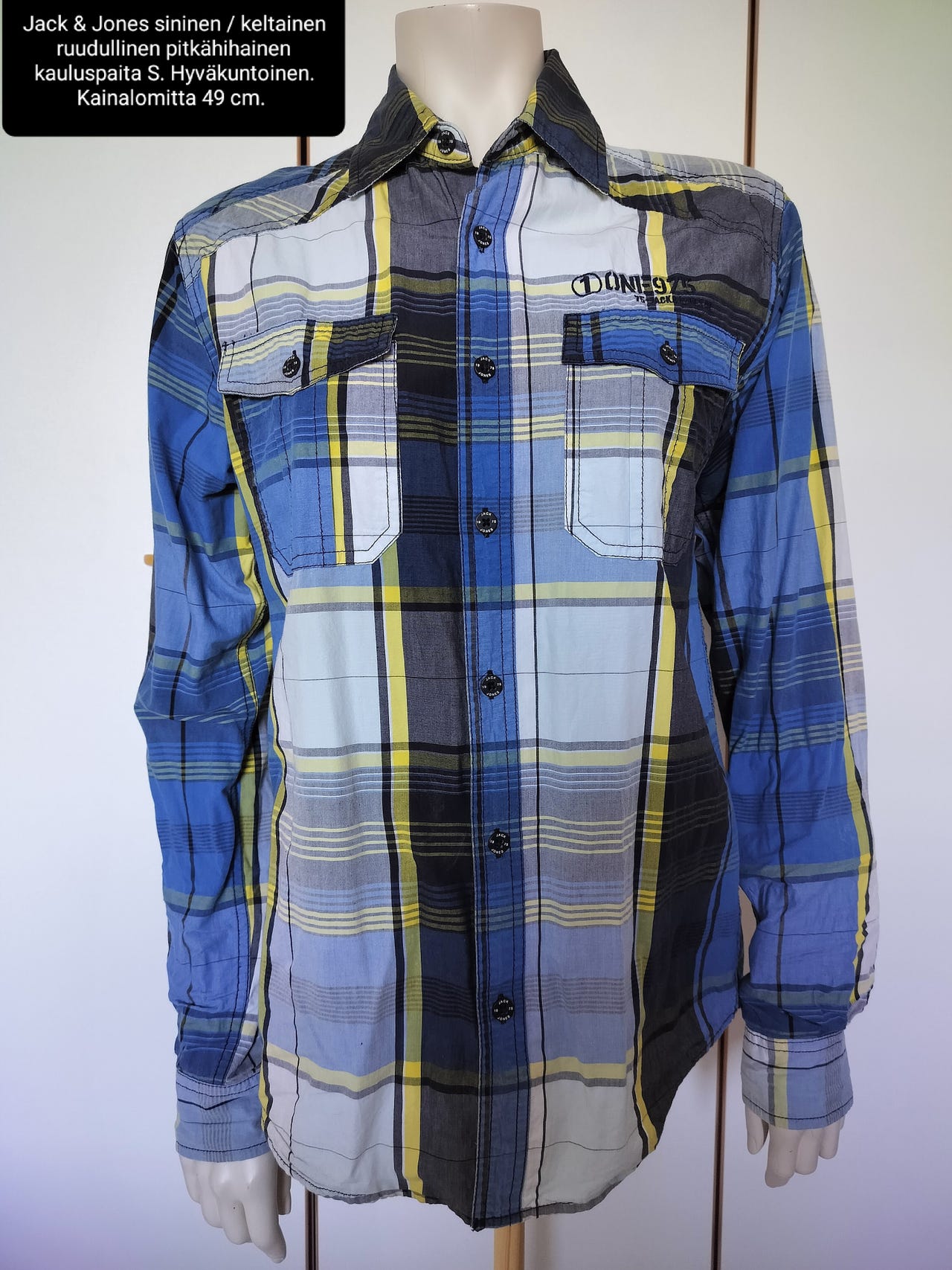 Jack & Jones sininen / keltainen ruudullinen pitkähihainen kaulus