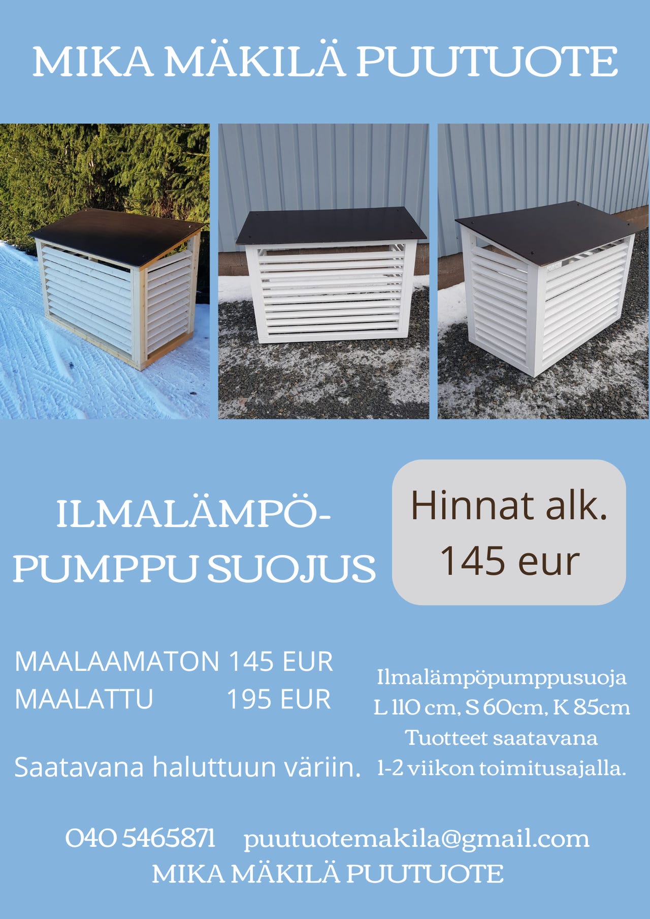 Ilmalämpöpumppusuojus puuvalmiina tai maalattuna