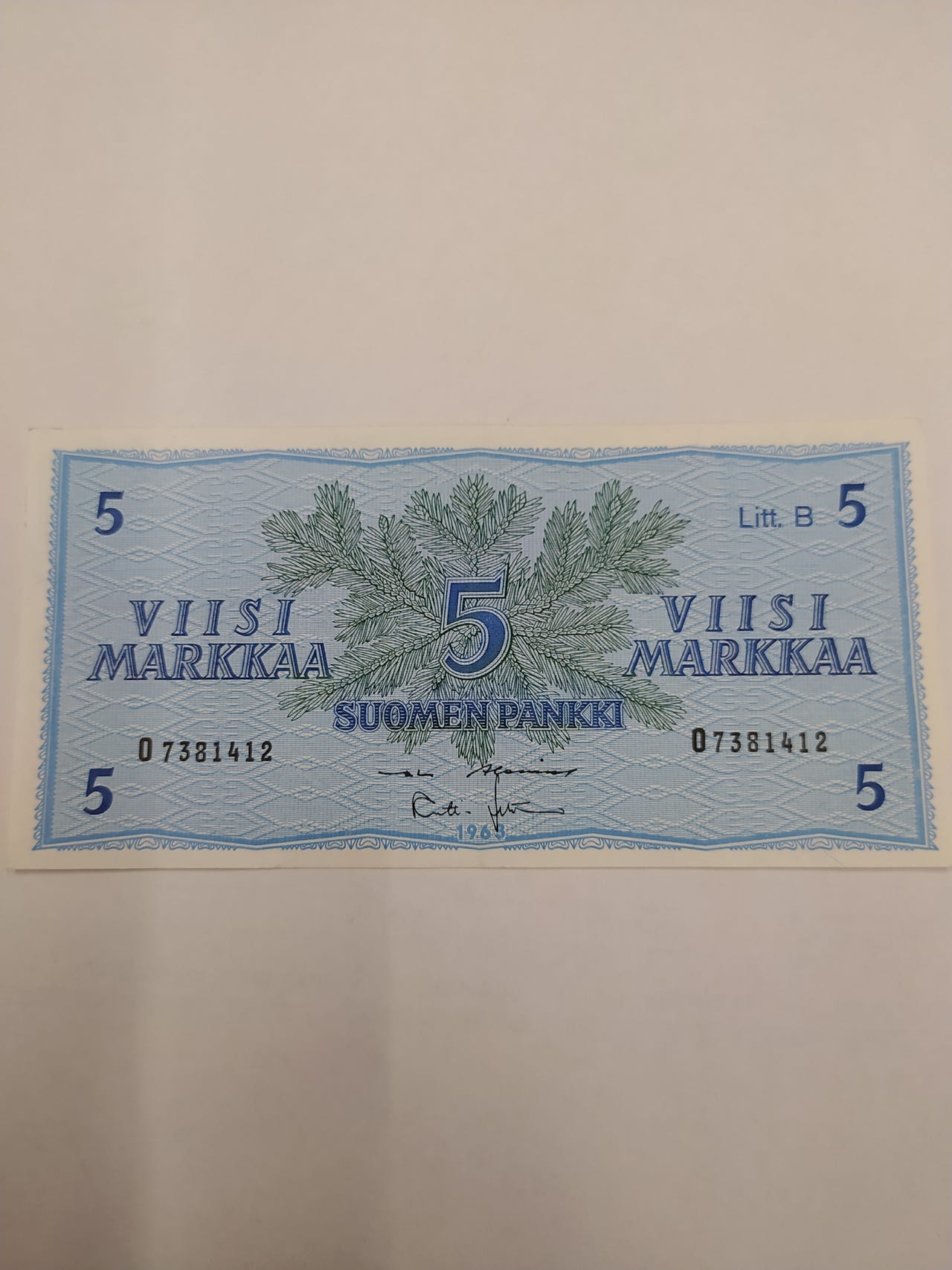 Suomen Pankki Viisi Markkaa v.1963 Seteli O-sarjaa