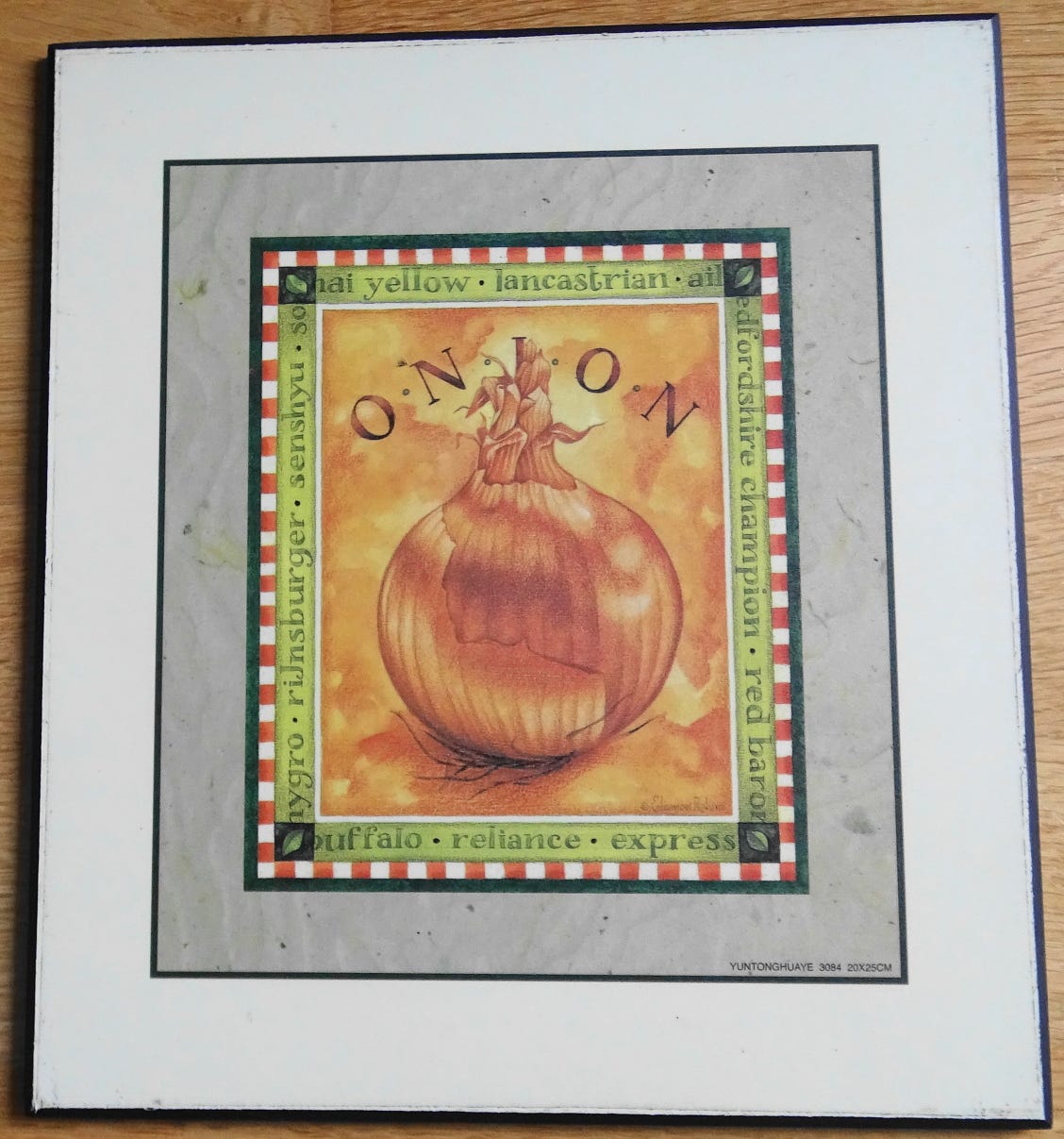 Nätti kuva sipulista, puupohjainen kuva, 22x24cm