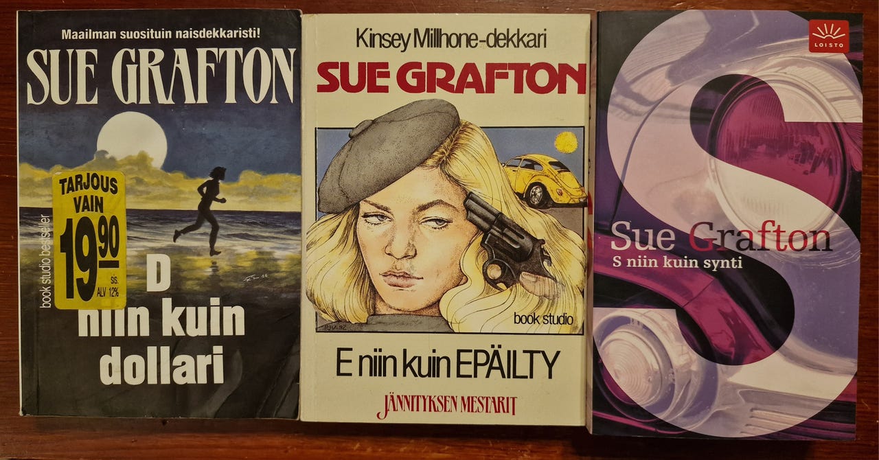 3 kpl SUE GRAFTON aakkosdekkareita; D, E ja S