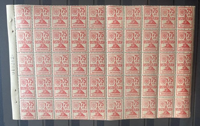 Belgia 1969 - Privé-Post Antwerpen 'Distri-Flash' täysi 50-lehden arkki ...