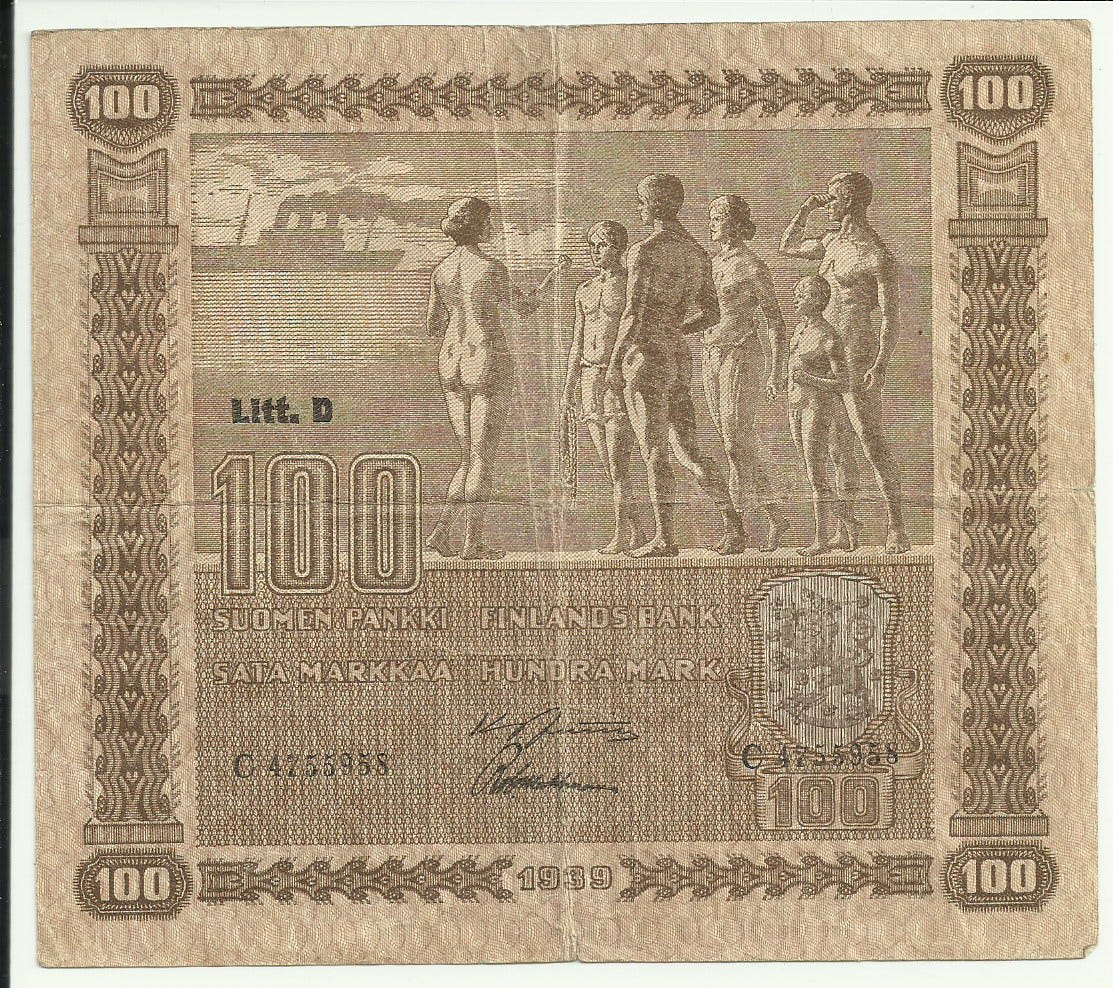Suomen Pankki 100 markkaa seteli 1939 Liit.D No C-4755958 | Tori