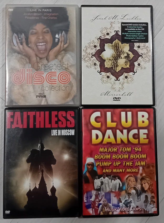 4 musiikki-DVD:tä (Faithless, Sarah McLachlan ym.), myös yksittäi