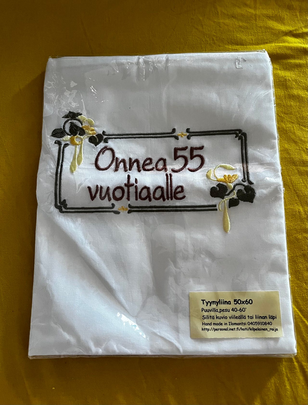 Onnea 55 vuotiaalle uusi kirjailtu tyynyliina