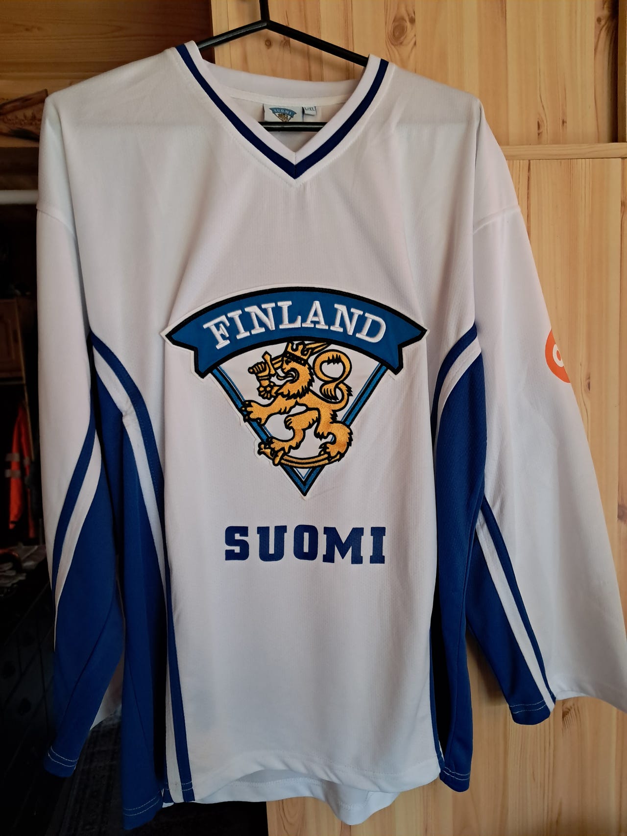 Suomen Aito Fanipaita valkoinen–sininen koko L/XL