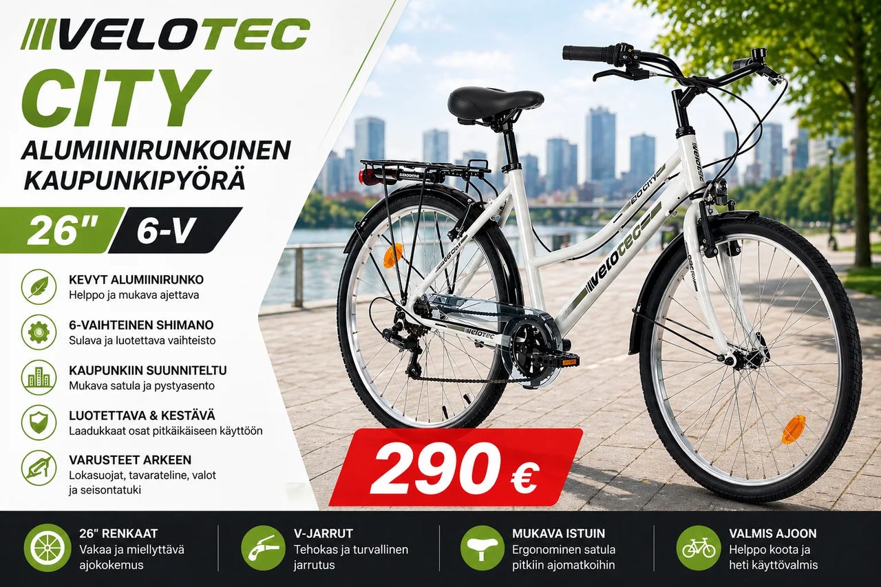 uusi 26 6-v kaupunkiyörä Velotec City/ ilmainen toimitus