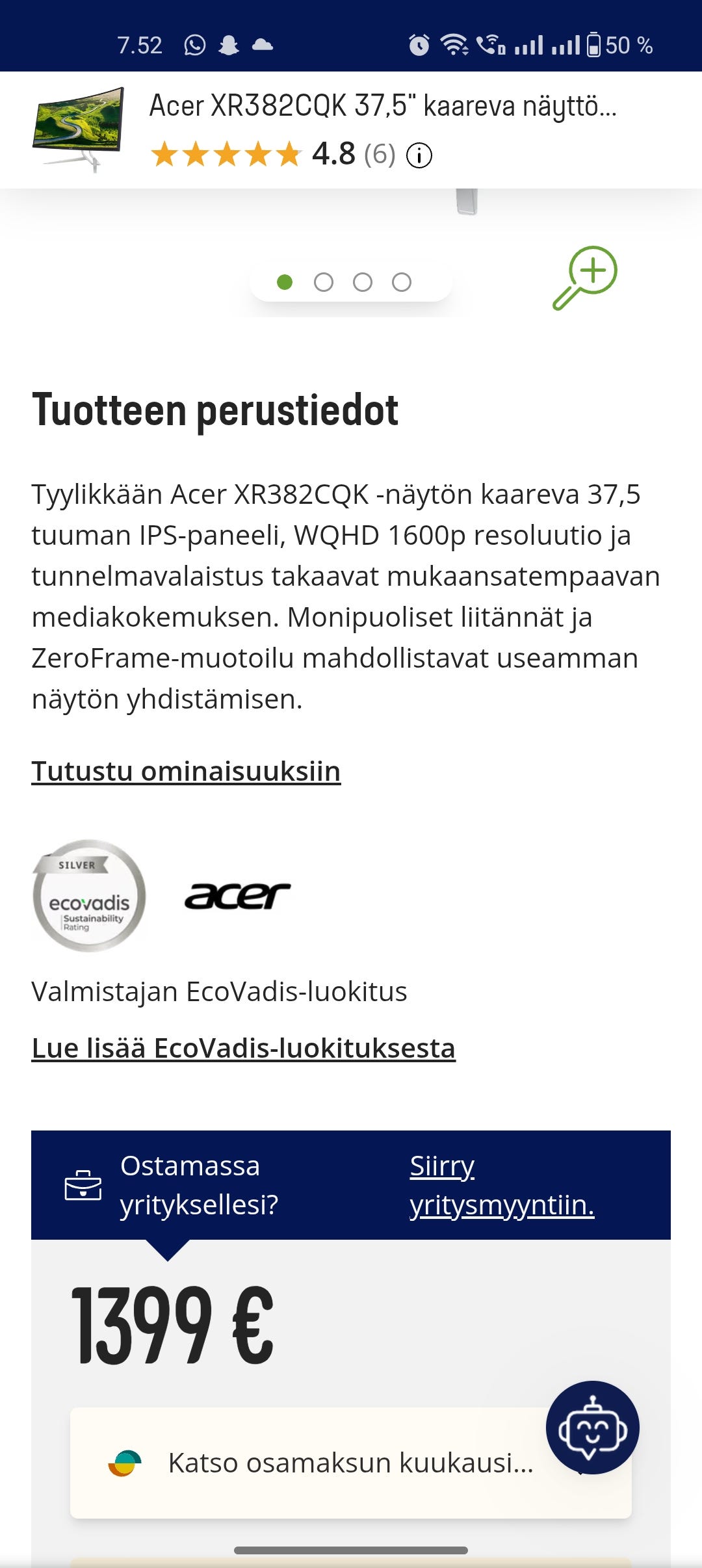 Acer XR382CQK 37,5 kaareva näyttö (hopea)