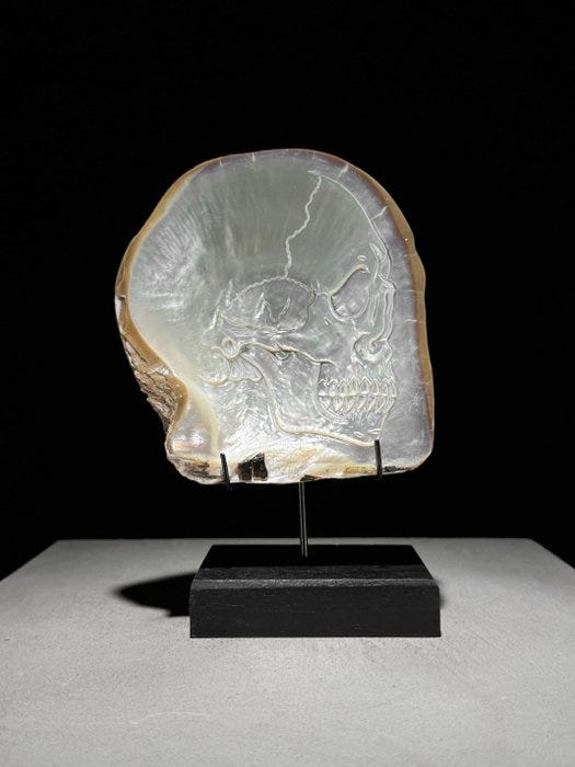 Kaiverrus, Intricately Carved Mother of Pearl Shell - Human Skull