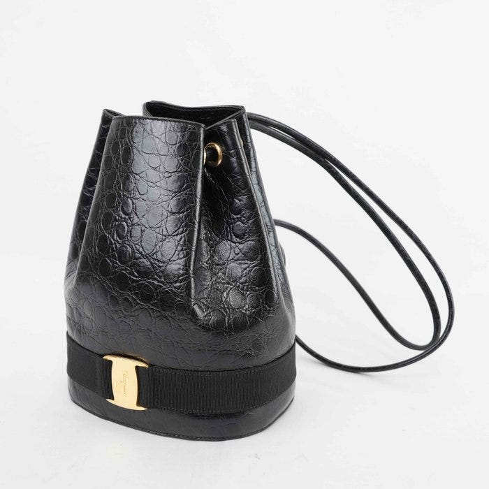 Salvatore Ferragamo - Vara Bow Bucket Backpack Black Embossed Lea