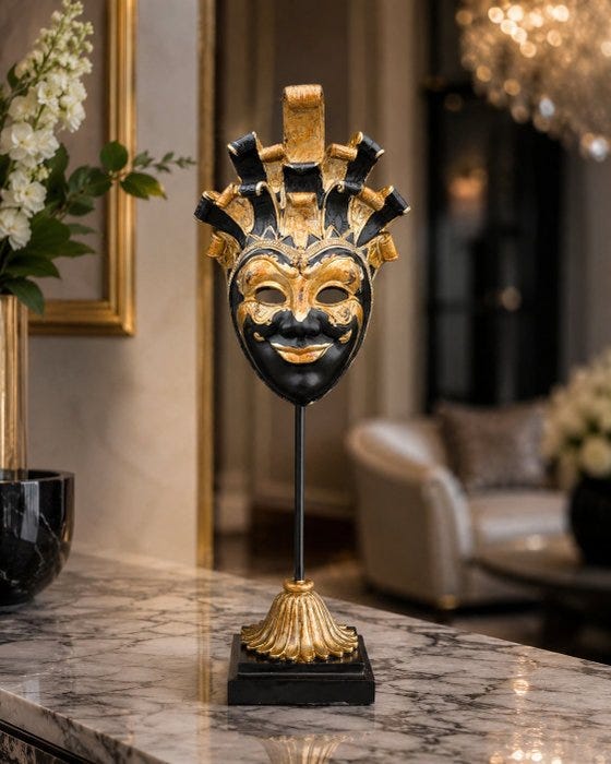 Koriste-esine - Venetian Carnival Mask on Stand – Black & Gold -