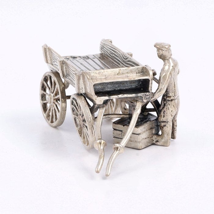 - C.A. Stout - Miniatuur werkman met kar - Figuriini - .835 hopea