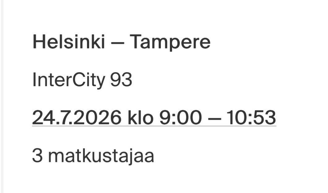 VR junalippu Helsinki–Tampere, 3 matkustajaa