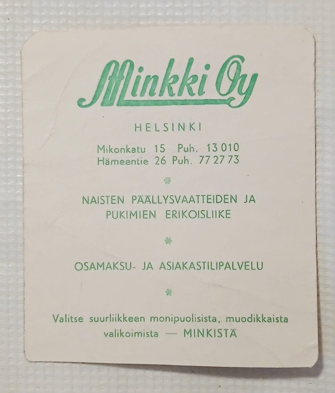 Vanha Minkki Oy asiakastilikortti 1965