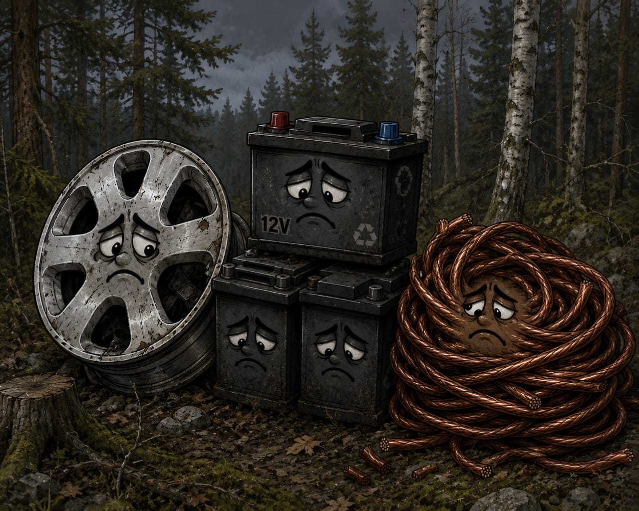 Akut, alumiinivanteet ja sähköjohdot