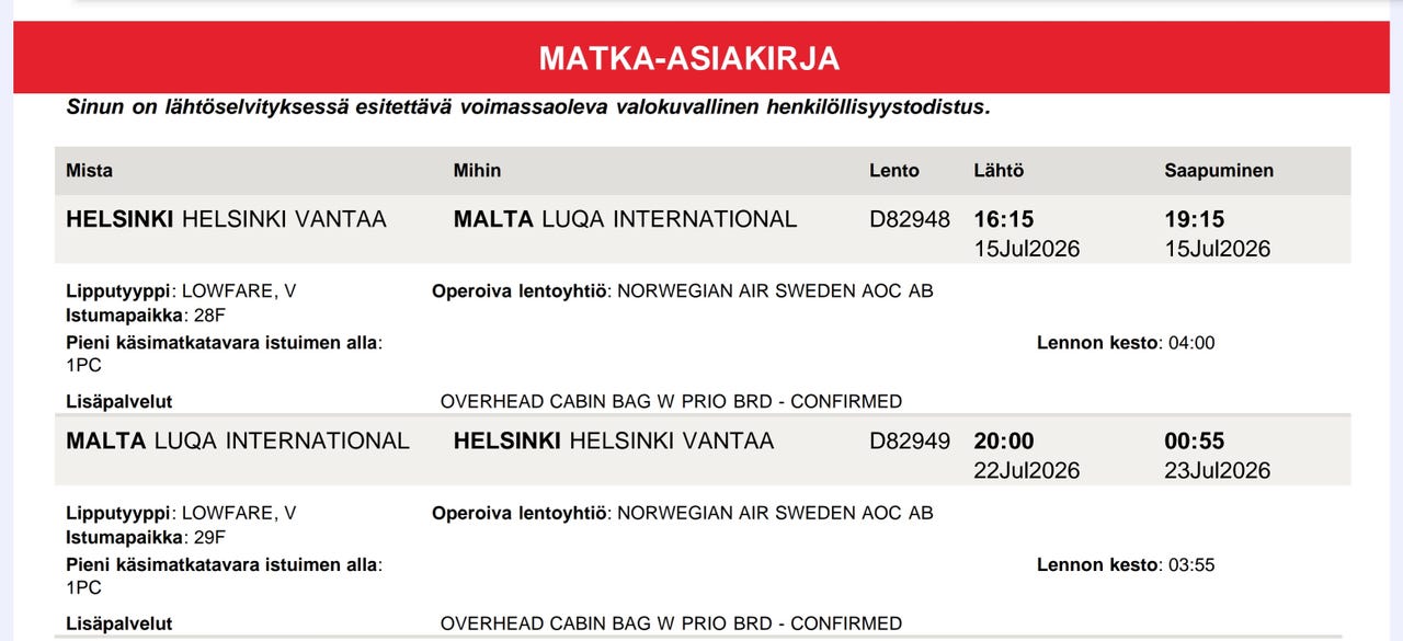 Norwegian lentolippu Helsinki-Malta–Helsinki 15.7. - 22.7.