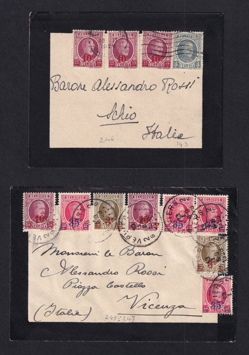 Belgia 1928/29 - 2 kaunista surukirjekuorta, joissa on useita aff