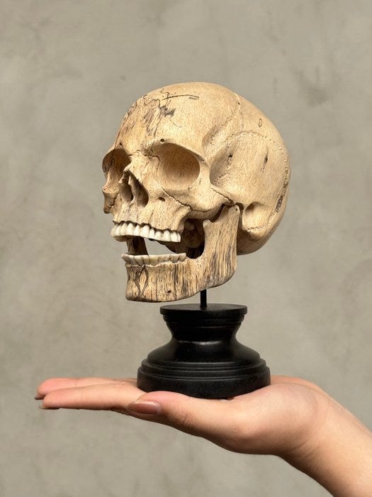 Kaiverrus, Stunning hand-carved wooden human skull with a beautif