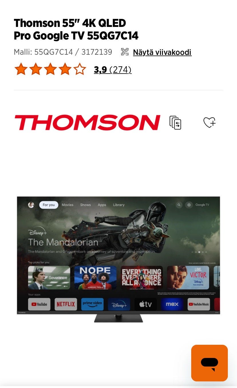 Thomson 144hz 4K QLED pro TV 55”