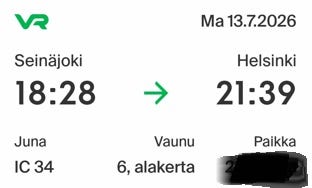 Joensuu - Helsinki ma 13.7.