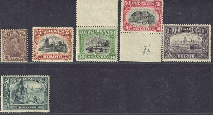 Belgia 1915 - 6 postimerkkiä, pois lukien Franken-sarjan 1Fr ja 2