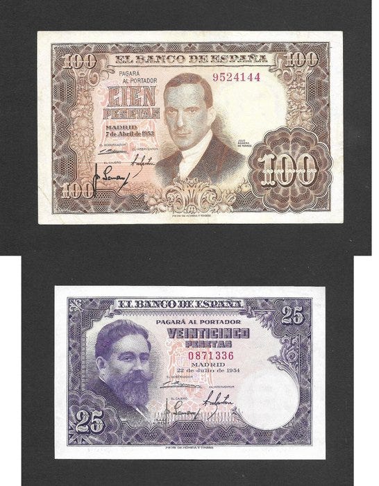 Espanja. - 25, 100 Pesetas - 1953/1954 - Sin Serie ()