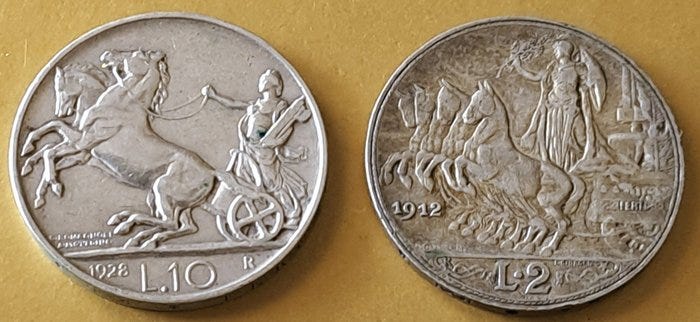 Italia. Vittorio Emanuele III. 2 lire e 10 lire 1912 e 1930 ()