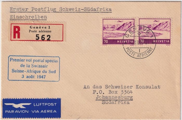 Sveitsi 1947 - 3.8. Näkymiä 70 c. × 2 kpl. UnifA31 su aerogrammil