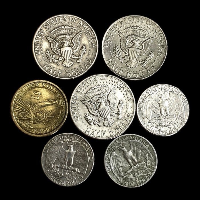 Yhdysvallat. Lot with 7 Coins (3x Quarter Dollar + 3x Half Dollar