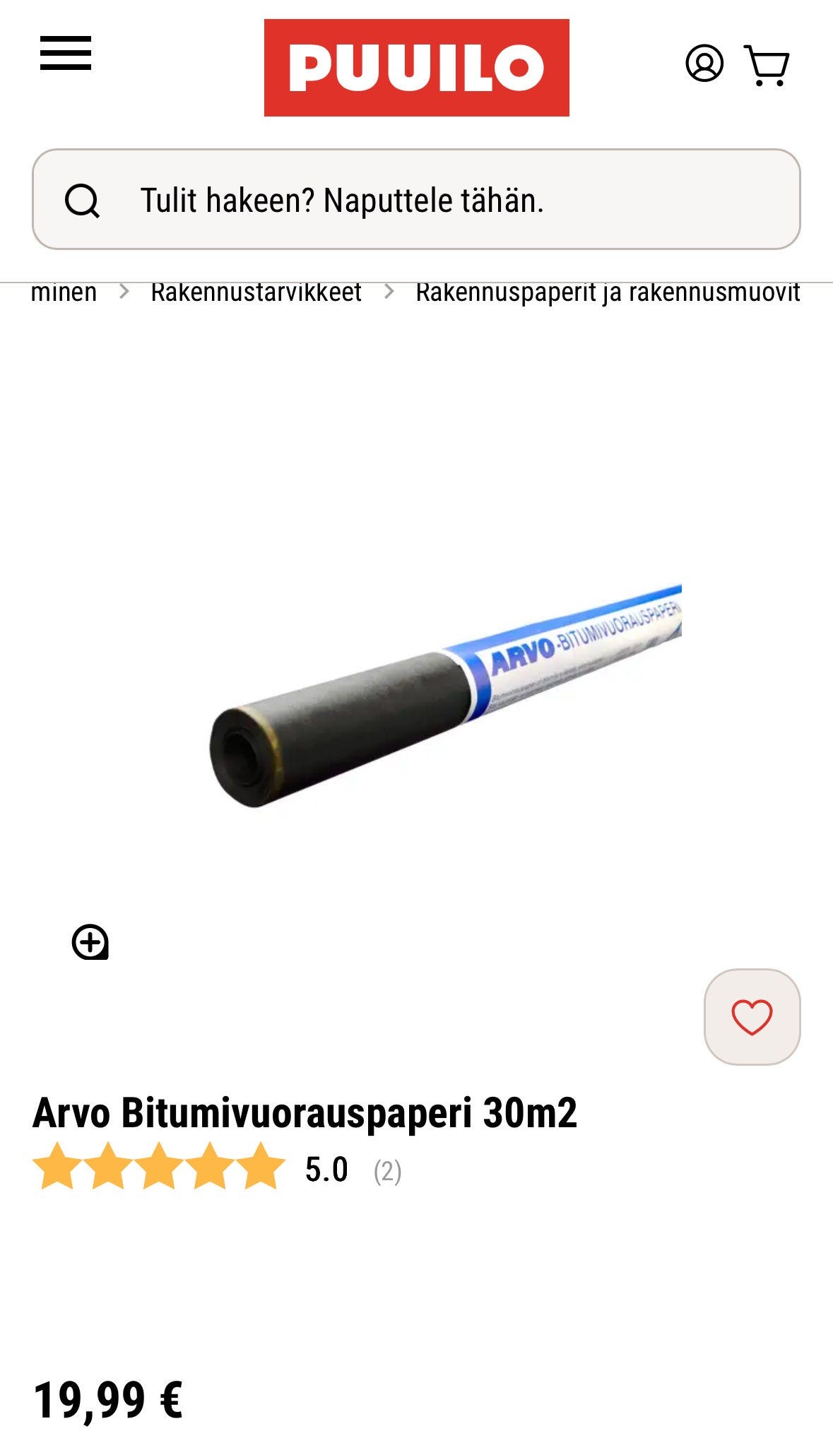 Arvo bitumivuorauspaperi 30 m², vajaa rulla