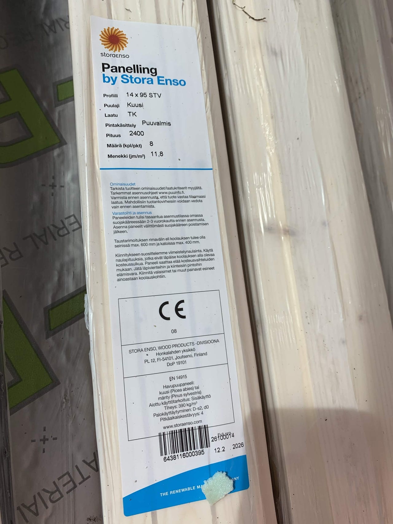 11 kpl Stora Enso sisäpaneelipaketteja 14x95 STV 2400 mm – uudet