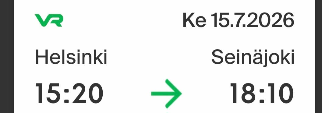 Helsinki-Seinäjoki junalippu ke 15.7