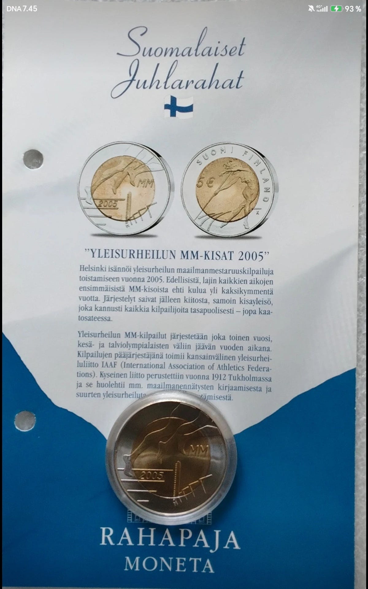Suomen juhlaraha yleisurheilun mm-kisat 2005 5€ kolikko