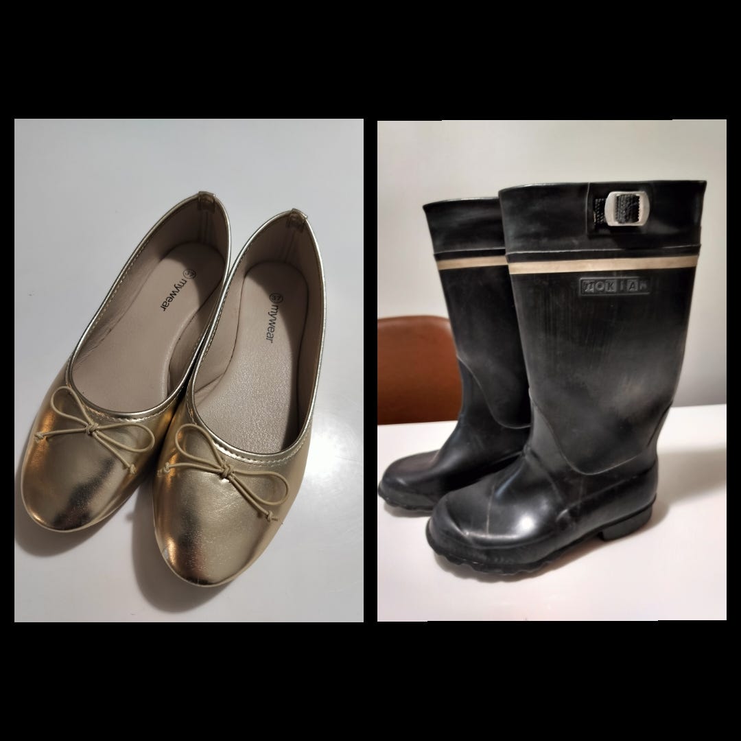 ballerinat 37, kumisaappaat 34