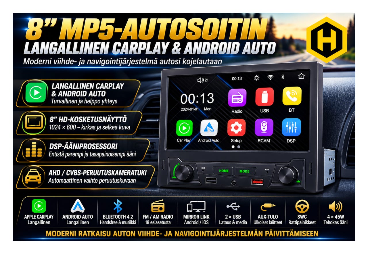 u{d83d}u{de97} 8 MP5-autosoitin – Langallinen CarPlay & Androi