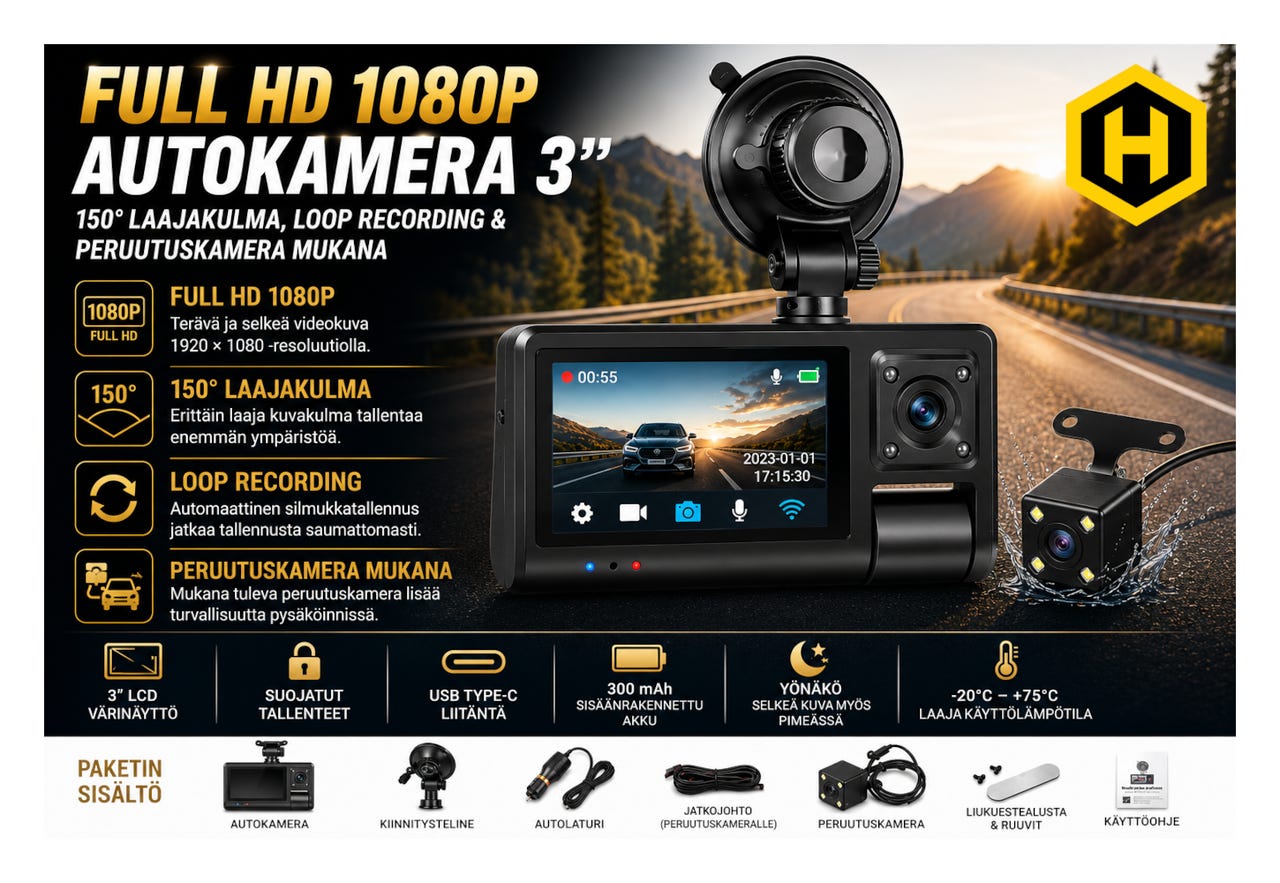 u{d83d}u{de97} Full HD 1080P Autokamera 3 – WiFi, 150° Laajaku