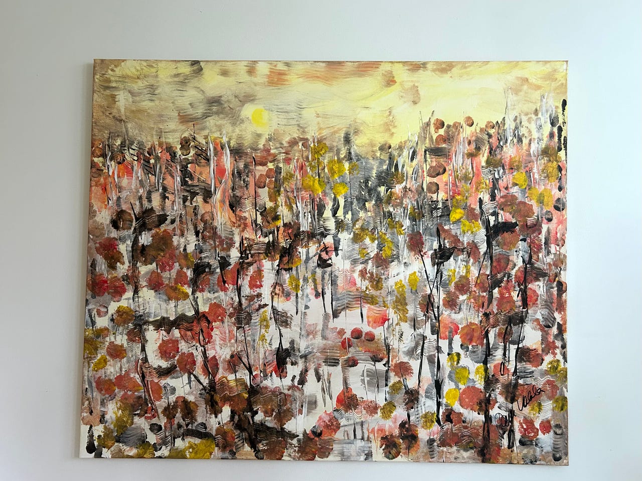 Abstrakti maisemamaalaus akryyliväreillä, koko 100 x 120