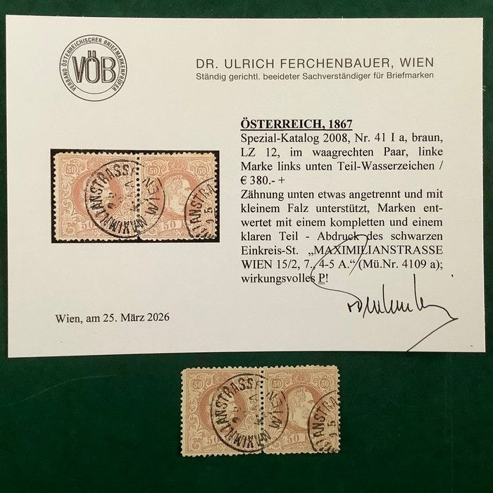 Itävalta 1867 - 50 Kreuzer, karkea painatus, vesileima ja sertifi