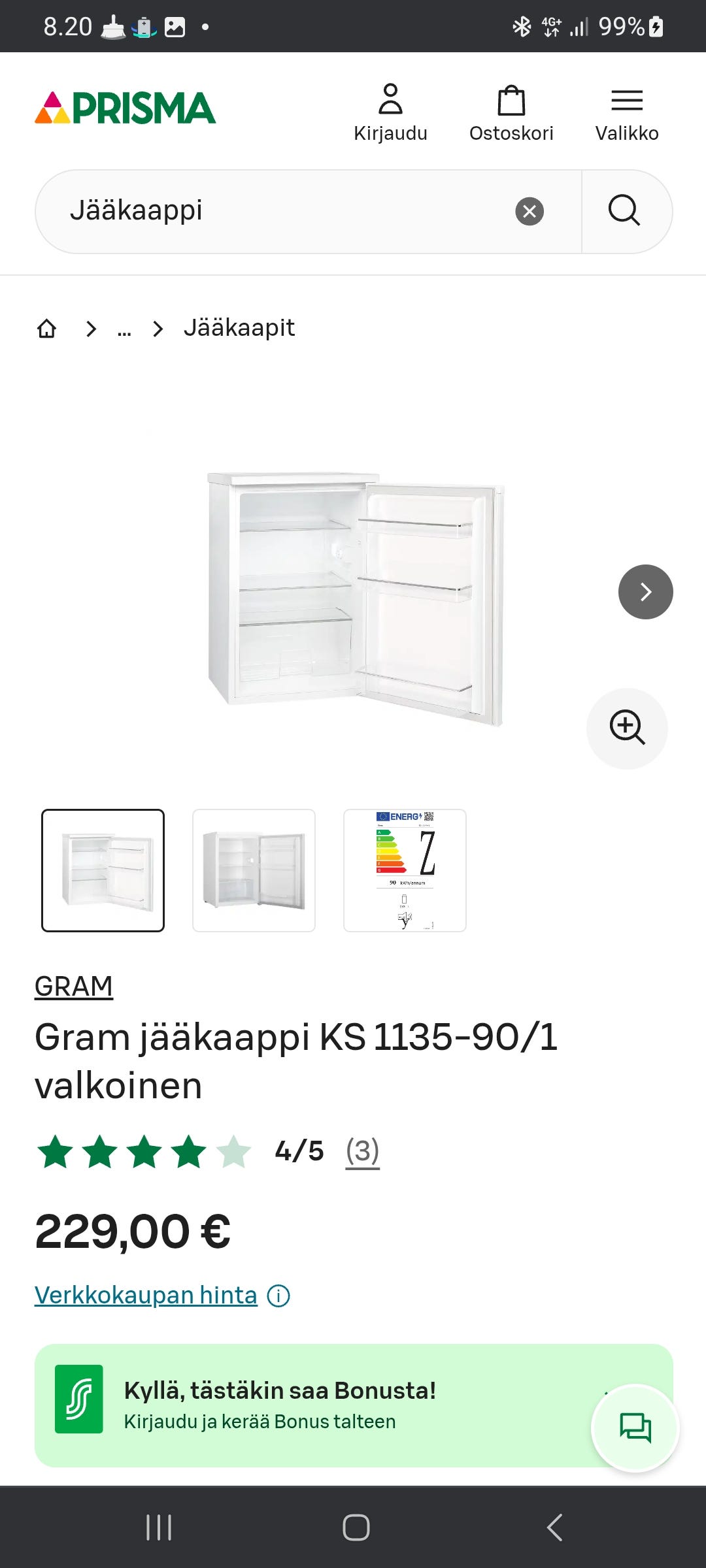 Kuin uusi Gram jääkaappi