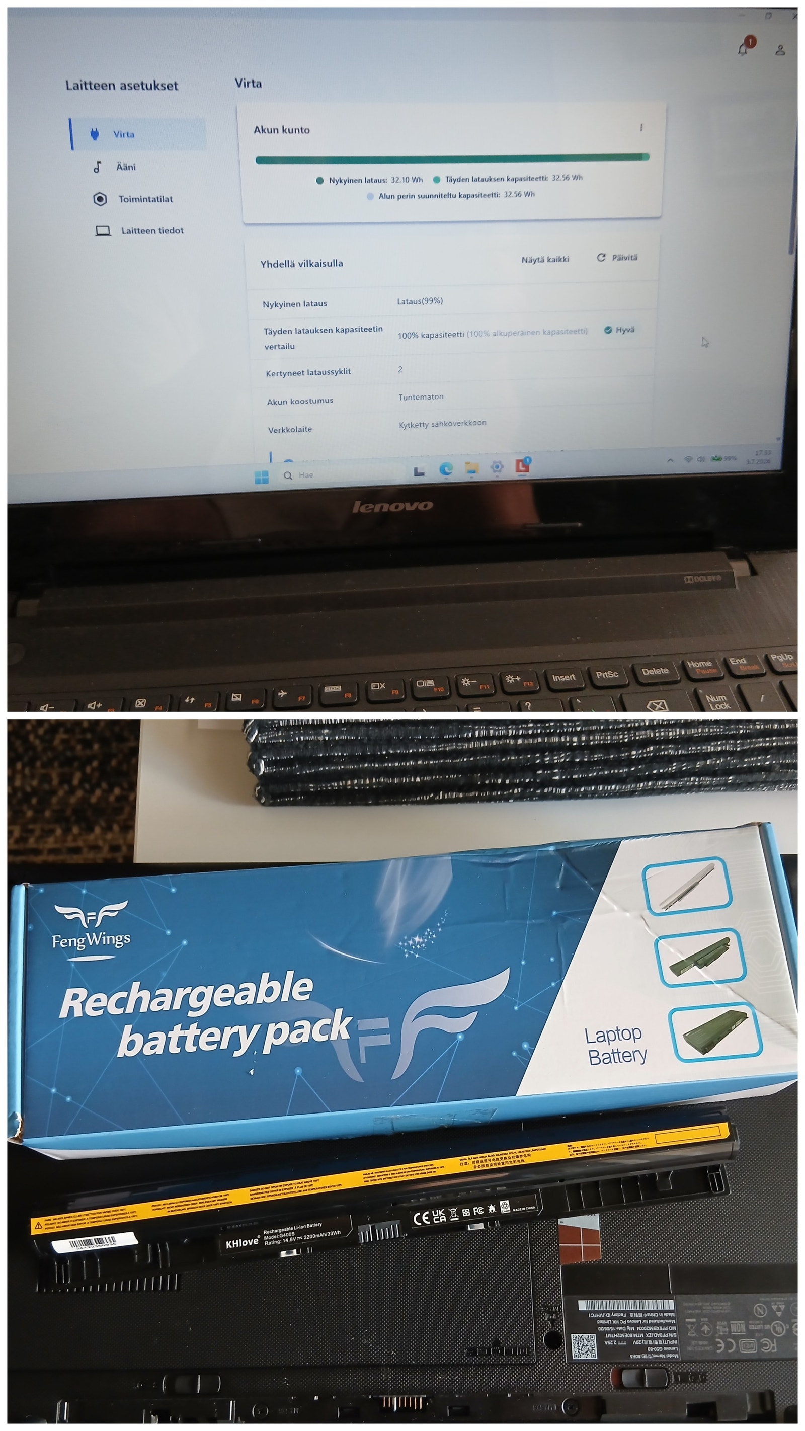 Lenovo G50-80, Win 11 (25H2), SSD 128Gb, 8Gb, uusi akku! | Tori