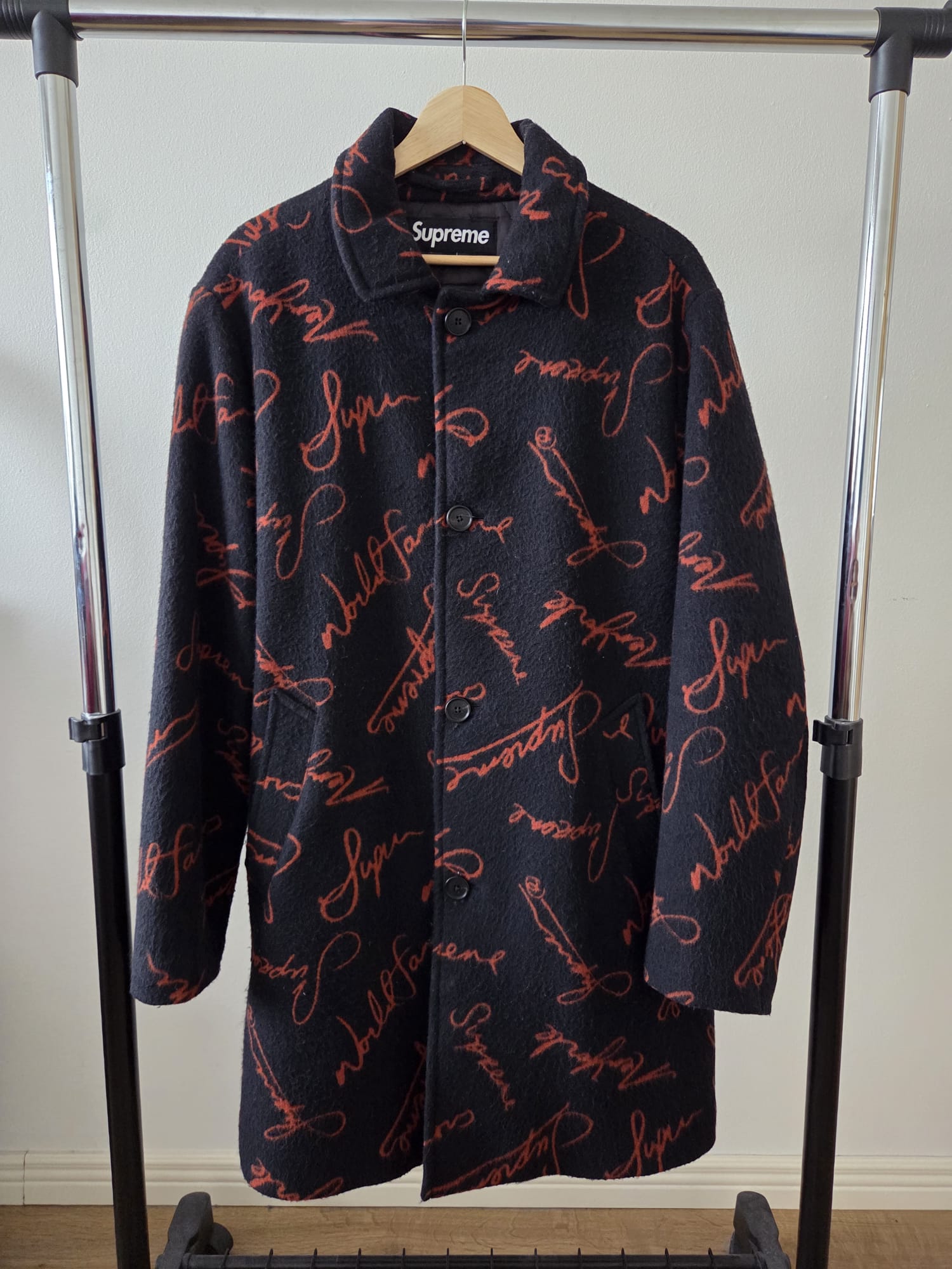 Supreme Script Logos Wool Overcoat (Black) FW20 | Tori