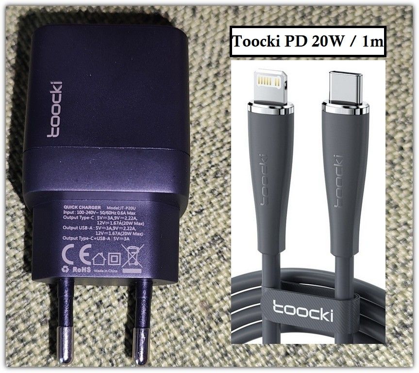 Musta 20W USB C -laturi + 1m USB C - Lightning-kaapeli
