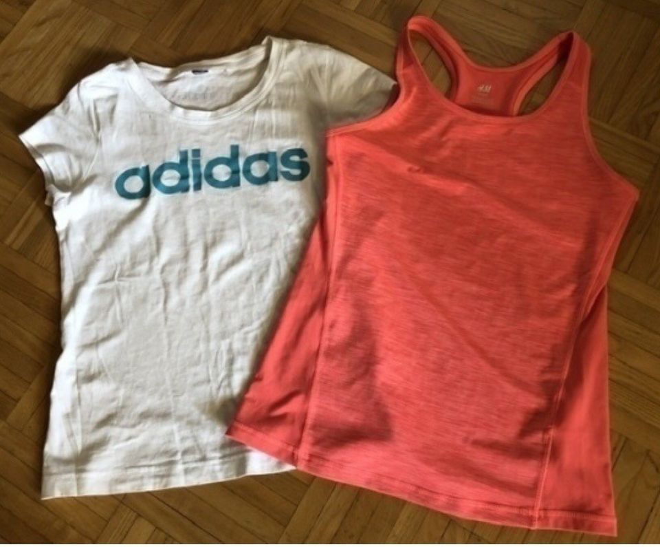 Adidas T-paita + urheilutoppi. Koko 146/152 cm