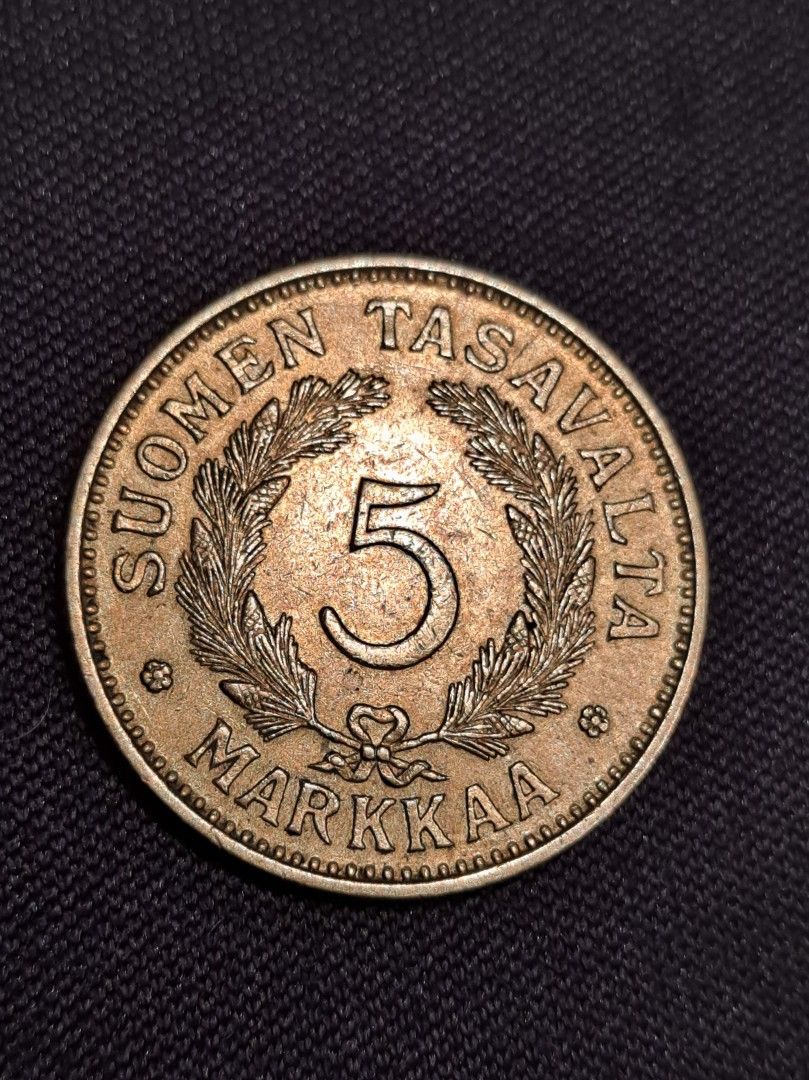 5 markan kolikko, alumiinipronssia, vuodelta 1939